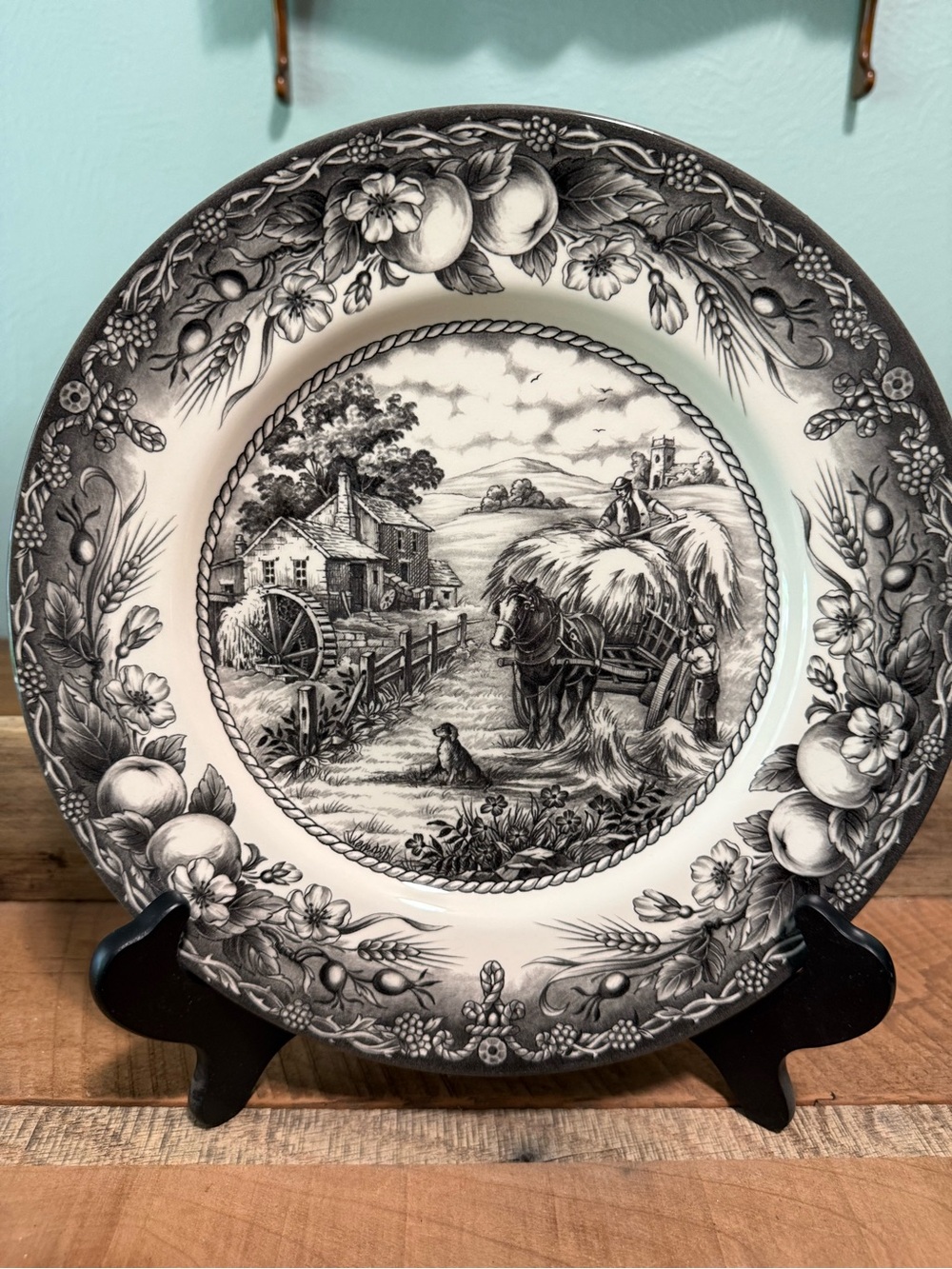 Royal Stafford ‘Hayride’ rural village scene. Black&White transferware 11” plate